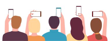 Akıllı telefon tutan genç erkek ve kadınları bir araya toplayın. İnsanlar fotoğraf çekiyor, video çekiyor. İlginç, parlak, şok edici, unutulmaz bir olayın kaydı. Vektör illüstrasyonu