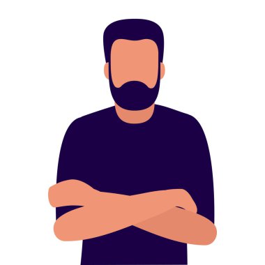 Kollarını kavuşturmuş, sakallı genç bir adam. Vektör illüstrasyonu beyaz arkaplanda izole edildi