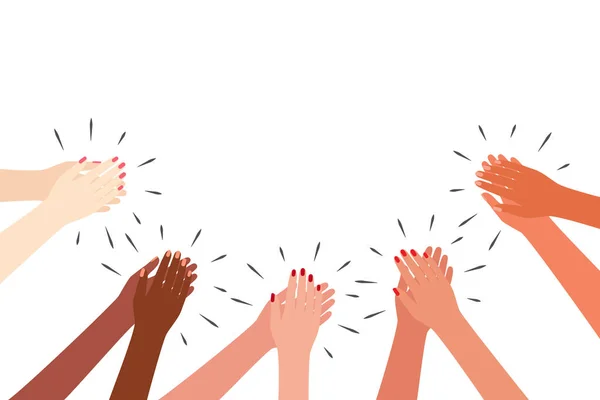 Las manos multiculturales femeninas aplauden. Las mujeres aplauden. Saludos, gracias, apoyo. Ilustración vectorial sobre fondo blanco . — Vector de stock