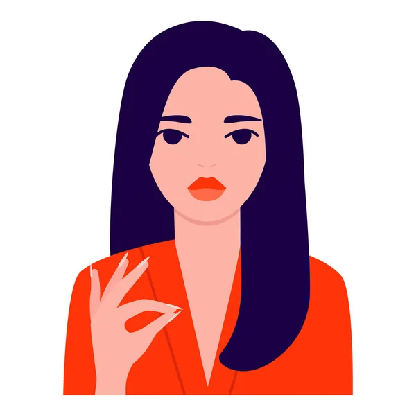 Hermosa mujer joven y gesto de la mano todo está bien, bien, vista frontal. Chica segura con el pelo largo oscuro en chaqueta roja, labios hinchados. Signo de éxito, control, calma. Ilustración plana del vector — Archivo Imágenes Vectoriales