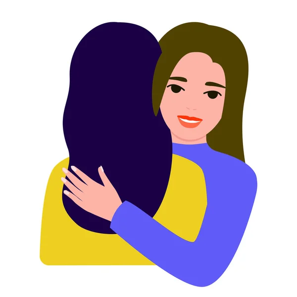 Dos novias se abrazan, vista frontal y trasera. Feliz de conocer mujeres. Tiempo libre conjunto, comunicación. Una amiga. Ilustración vectorial sobre fondo blanco . — Archivo Imágenes Vectoriales