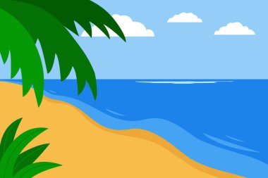 Güney kıyısı, sahil, deniz kıyısı, manzara yazı. Deniz, kum, palmiye yaprakları. Denizde tatil, sahilde dinlenme. Vektör illüstrasyonu