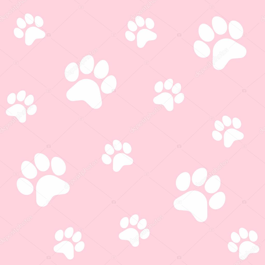 White paw footprints of dog or cat, seamless pattern. Cute children s, baby background, print on textile, fabric, wallpaper. Vector illustration on pink background