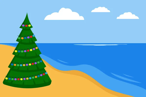Χριστουγεννιάτικο δέντρο έλατο, έλατο και λαμπερό λαμπτήρα string γιρλάντες στη νότια ακτή της θάλασσας, παραλία, παραλία, παραλία, καλοκαίρι τοπίο. Διακοπές δίπλα στη θάλασσα, χαλάρωση στην παραλία. Εικονογράφηση διανύσματος — Διανυσματικό Αρχείο