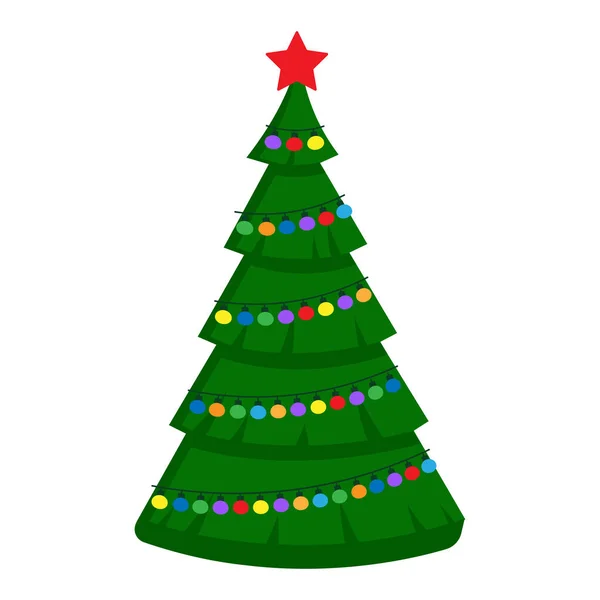 Kerstboom en gloeiende gloeilampen. Lampendecor. Kerstversiering op sparren. Vector illustratie op witte achtergrond — Stockvector