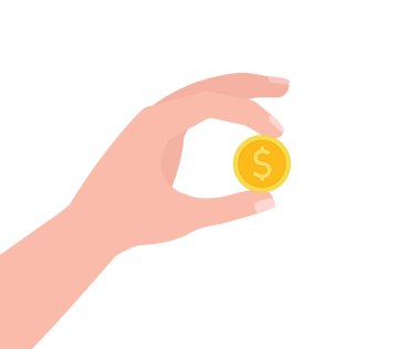 İnsan eli para bozuk para dolarını tutuyor. Ödeme, nakit, değer, finans, gelir, takas, fiyat. Vektör illüstrasyonu beyaz arkaplanda izole edildi