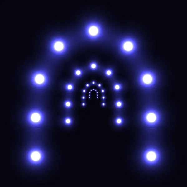 Serie de arcos de círculo azul de lámparas redondas en perspectiva. Pasaje iluminado, camino luminoso. Diseño gráfico eléctrico brillante futurista. Ilustración aislada vectorial sobre fondo oscuro — Archivo Imágenes Vectoriales