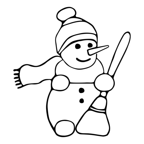 Handtekenlijn sneeuwman, cartoon stijl. Zwarte omtrek van sneeuwman. Kleurboek voor kinderen printen online. Vector illustratie op witte achtergrond. — Stockvector