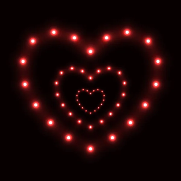 Serie de corazones rojos de lámparas redondas en perspectiva. Símbolo amor. Diseño gráfico eléctrico brillante futurista. Ilustración aislada vectorial sobre fondo oscuro — Archivo Imágenes Vectoriales