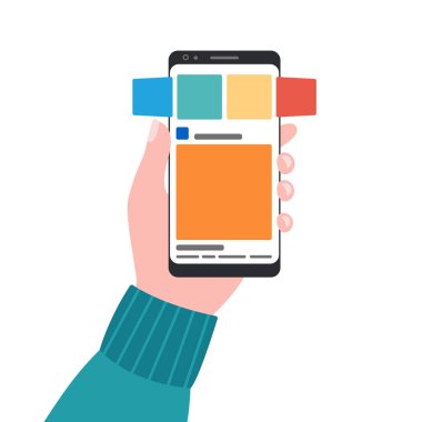Elinde mobil uygulama olan akıllı telefon. Atlıkarınca, gönderilerin gözden geçirilmesi, mocap telefon arayüzü. Telefon ekranı sayfası. Vektör illüstrasyonu beyaz arkaplanda izole edildi