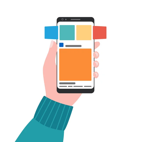 Smartphone med mobilapplikation i handen. Karusell, översyn av inlägg, mocap telefongränssnitt. Telefonskärmen. vektor illustration isolerad på vit bakgrund — Stock vektor