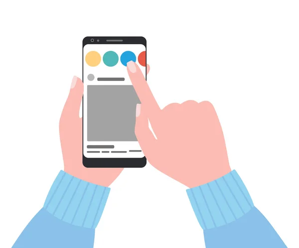 Смартфон с мобильным приложением в руке. Карусель, обзор постов, интерфейс телефона mocap. Страница экрана телефона. Векторная иллюстрация на белом фоне — стоковый вектор