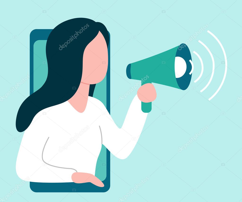 Abstract woman from smartphone holds speaker and says, calls, invites, notifies. Girl is barker, blogger, influence. Welcome, attention, landmark, hint. Vector illustration on white background