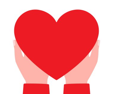 Big red heart in hands of man. Gift, charity. Heart as symbol of love, appreciation, respect, care. Vector illustration on white background
