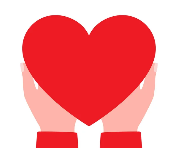 Grande coração vermelho nas mãos do homem. Presente, caridade. Coração como símbolo de amor, apreço, respeito, cuidado. Ilustração vetorial sobre fundo branco — Vetor de Stock