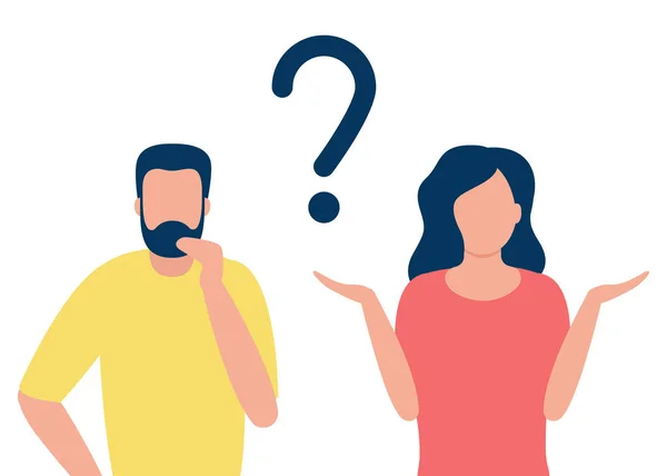 Thoughtful man and doubting woman with question mark. People solve problem, choose solution. Concept of dispute, conflict, deadlock. I do not know. Vector flat design illustration — Stock vektor