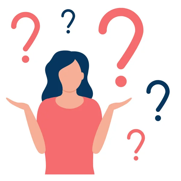 Abstract thoughtful and doubting woman with question mark. Girl solves problem, chooses solution. The concept of doubt, ignorance, confusion, deadlock. I do not know. Vector flat design illustration. — 스톡 벡터