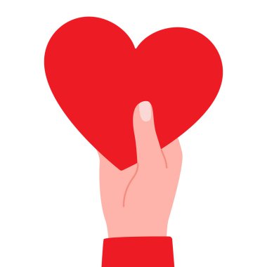 Big red heart in hands of people. Gift, charity. Heart as symbol of love, appreciation, respect, care. Vector illustration on white background