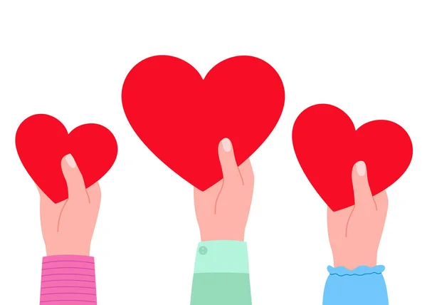 Grande coração vermelho nas mãos das pessoas. Presente, caridade. Coração como símbolo de amor, apreço, respeito, cuidado. Ilustração vetorial sobre fundo branco — Vetor de Stock