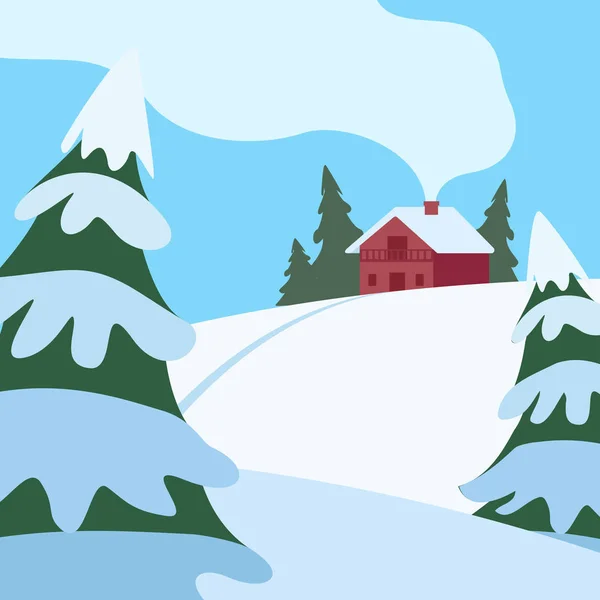 Paisaje montañoso de invierno con casa y abetos. Vida en el campo. Nieve, frío, heladas. Dibujos animados vectoriales ilustración — Archivo Imágenes Vectoriales