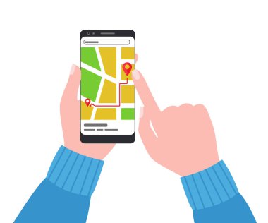 Şehir haritası insanların elinde olan akıllı telefon. Yol haritası, adres, teslimat, konum. Seyahat yönü. İnterneti araştır. Vektör illüstrasyonu