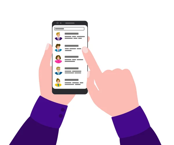 Smartphone i hand med kontaktlista. Sök efter folk, återuppta, rekrytera, avsluta vakansen. Visa, läs dokument. Vektor illustration på vit bakgrund — Stock vektor