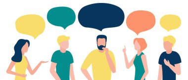 Group of people with speech bubble. Men and women communicate, talk, discuss, debate, reason, prove, chat, draw conclusions. Businessmen discuss news, social issues, negotiate. Vector illustration