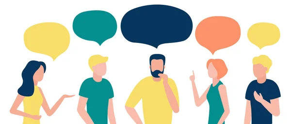 Group of people with speech bubble. Men and women communicate, talk, discuss, debate, reason, prove, chat, draw conclusions. Businessmen discuss news, social issues, negotiate. Vector illustration — 스톡 벡터