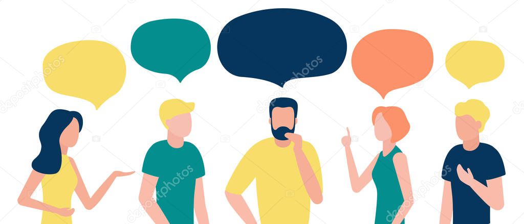 Group of people with speech bubble. Men and women communicate, talk, discuss, debate, reason, prove, chat, draw conclusions. Businessmen discuss news, social issues, negotiate. Vector illustration