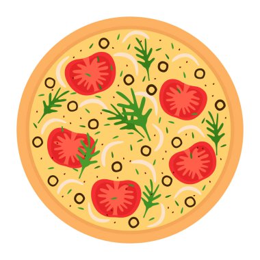 Vejetaryen pizzası, en iyi manzara. Lezzetli yemek, atıştırmalık. Sebzeli, domatesli ve zeytinli pizza. Yemek ve yemek teslimatı. Beyaz arkaplanda vektör illüstrasyonu.