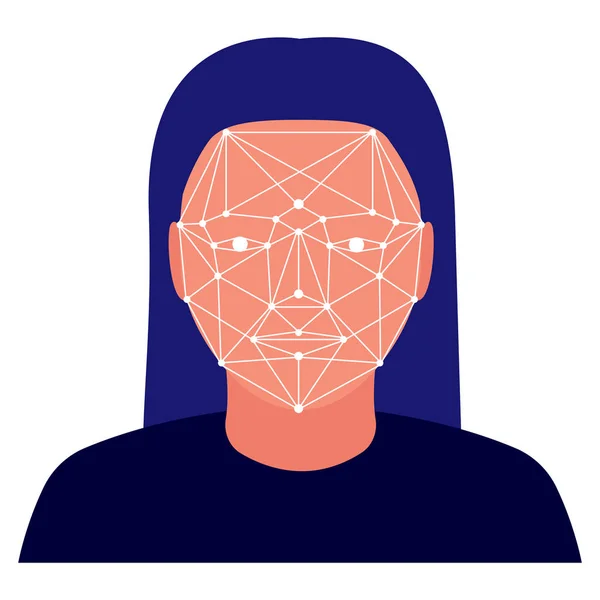 Scannen von Gesicht zu Gesicht. Niedrige Polygonangabe. Erkennung des weiblichen Gesichts, Identifizierung, Bestimmung der Persönlichkeit. Vektorillustration — Stockvektor