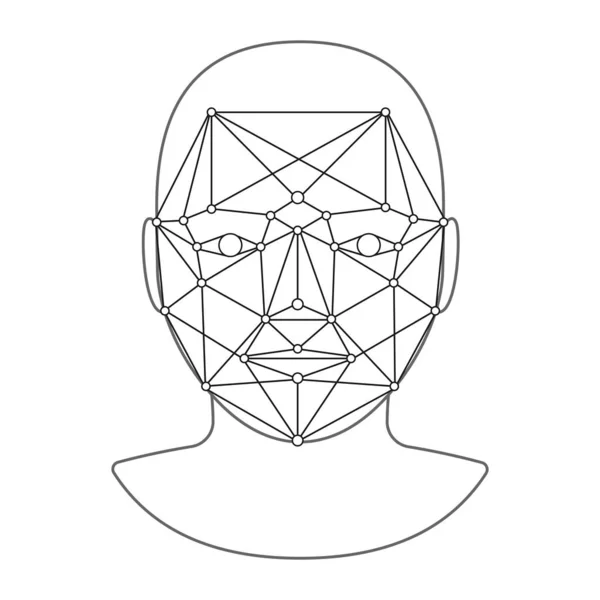Skanna personen ansikte mot ansikte. Låg polygonindikation. Erkännande av människans ansikte, identifiering, bestämning av personlighet. Vektorillustration — Stock vektor