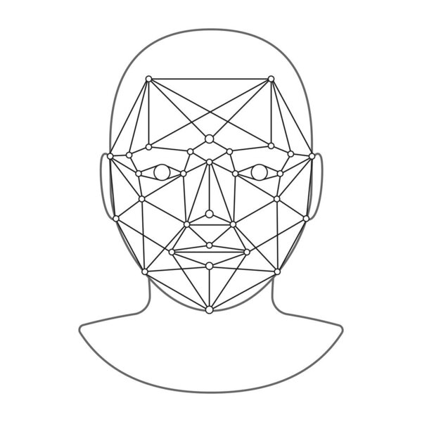 Scanning person face by points. Low polygon indication. Recognition of man face, identification, determination of personality. Vector illustration