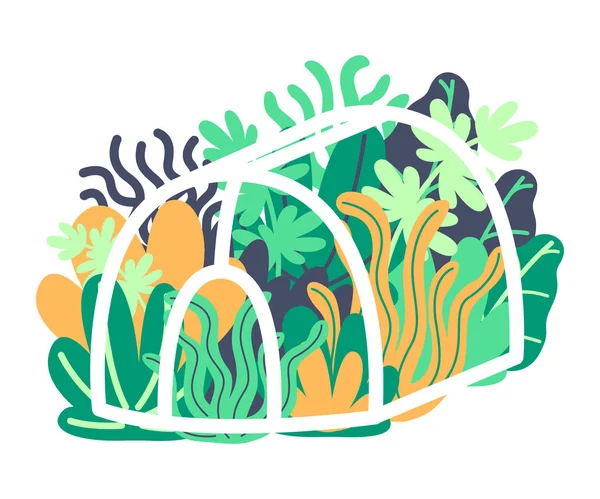 Culture de fleurs et de plantes en serre. Jardin de printemps, aménagement paysager, verdure précoce. Protéger les plantes du froid. Illustration vectorielle — Image vectorielle