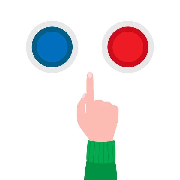 Hand points to blue and red selection buttons. Situation of choice, doubt, hesitation. Vector illustration — ストックベクタ