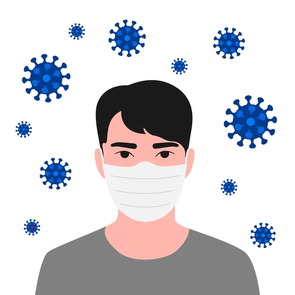 Jeune homme asiatique visage en masque de protection respiratoire et coronavirus maladie cellulaire. Grippe coronavirus. Des cas dangereux de grippe. Risque pour la santé. Illustration vectorielle — Image vectorielle