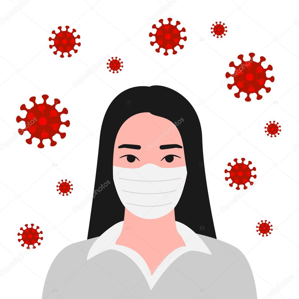 Young asian woman in respiratory protective mask and coronavirus cell disease. Coronavirus flu. Dangerous cases of flu. Medical health risk. Vector illustration