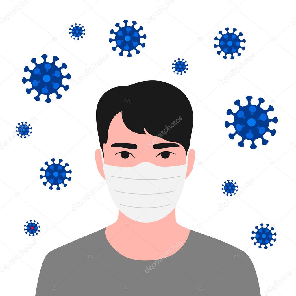 Young asian man face in respiratory protective mask and coronavirus cell disease. Coronavirus flu. Dangerous cases of flu. Medical health risk. Vector illustration