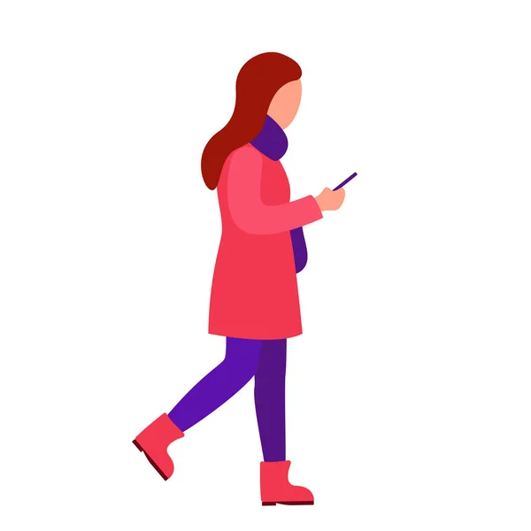 Fiatal absztrakt nő néz okostelefon és séta. Okostelefon-függőség. Vektorillusztráció — Stock Vector