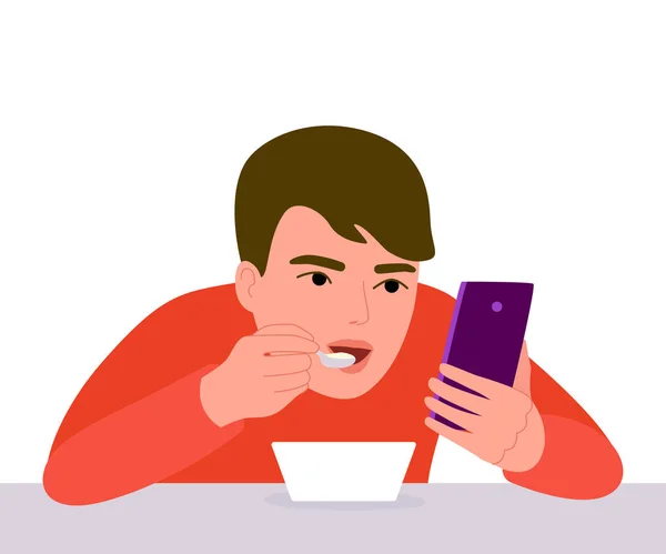 O rapaz come com o telefone nas mãos. Comer e navegar smartphone. Vício em telefone. Sempre juntos dispositivo. Ilustração vetorial — Vetor de Stock