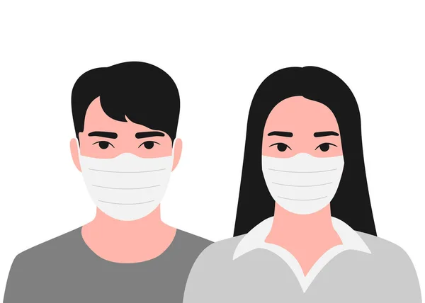 Jeune asiatique homme et femme visage en masque de protection respiratoire. Protection contre les maladies. Des cas dangereux de grippe. Risque pour la santé. Illustration vectorielle — Image vectorielle