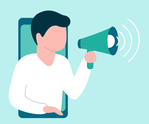 Abstract man from smartphone holds speaker and says, calls, invites, notifies. Male is barker, blogger, influence. Welcome, attention, landmark, hint. Vector illustration — 图库矢量图片