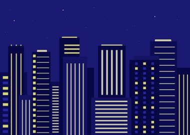 Grafi gece manzarası. Ofis ve büyük şehrin konut binaları. Farklı yüksekliklerdeki gökdelenler. Vektör illüstrasyonu