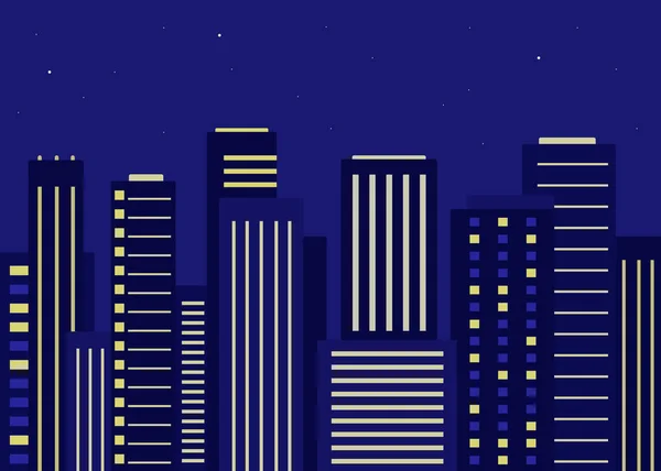 Paisaje urbano nocturno gráfico. Edificios de oficinas y residenciales de la gran ciudad. Fila de rascacielos de diferentes alturas. Ilustración vectorial — Vector de stock