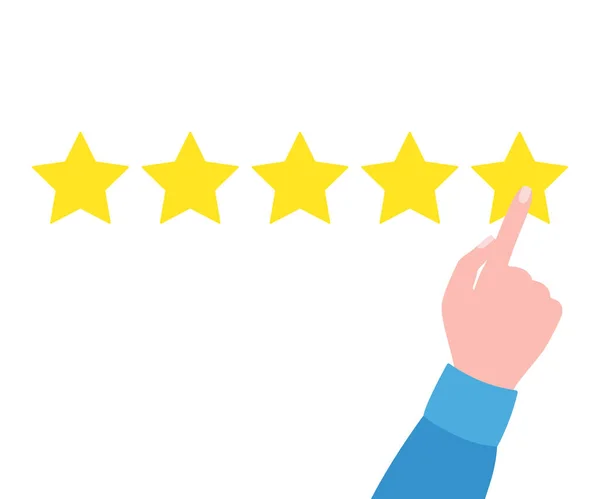 Valutazione del servizio tramite stelle, indicando a mano. Feedback, risposta, rapporto, raccomandazione. Illustrazione vettoriale — Vettoriale Stock