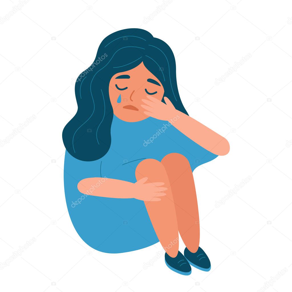 Young woman sitting and crying. Girl suffering from depression, despair, sadness. Vector illustration on white isolated background