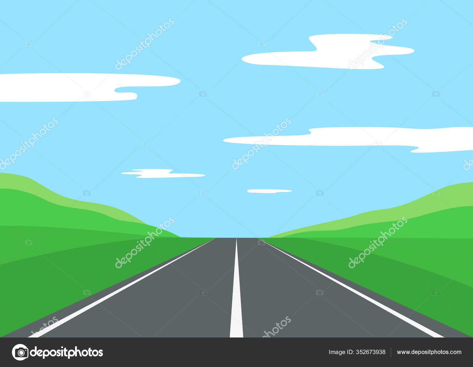 Straight Empty Asphalt Road Nature Street Field Meadow Hills Clouds Stock  Vector Image by ©Fagreia #352673938
