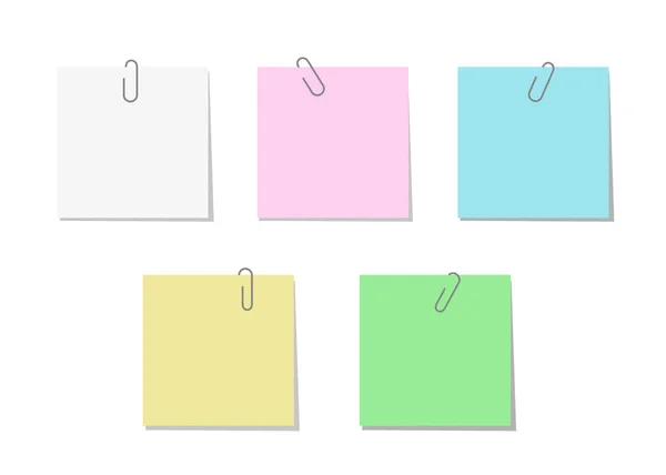 白紙の色のノートと紙クリップ。メッセージのシートやテキストを追加します。メモ用のテンプレート。白を基調としたベクトルイラスト — ストックベクタ