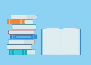 Açık kitap ve istif kitapları. Okuma, eğitim, e-kitap, edebiyat. Düz biçimli vektör illüstrasyonu