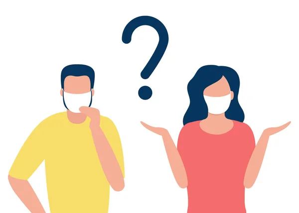 Resumo homem e mulher em máscaras respiratórias com ponto de interrogação. Protecção contra doenças. Prevenção de doenças. Ilustração vetorial —  Vetores de Stock